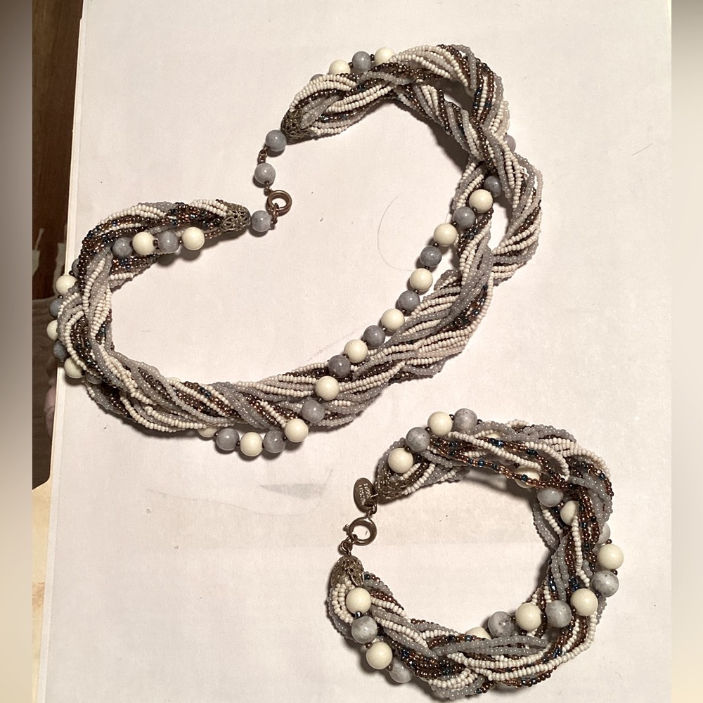 Vintage Haskell multi strand glass bead & seed bead necklace & bracelet demi set